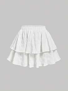 SHEIN Leap Crew Tween Girls' Casual Vacation Pure White Textured Fabric Layered Ruffle Hem Mini Skirt - White - View 1