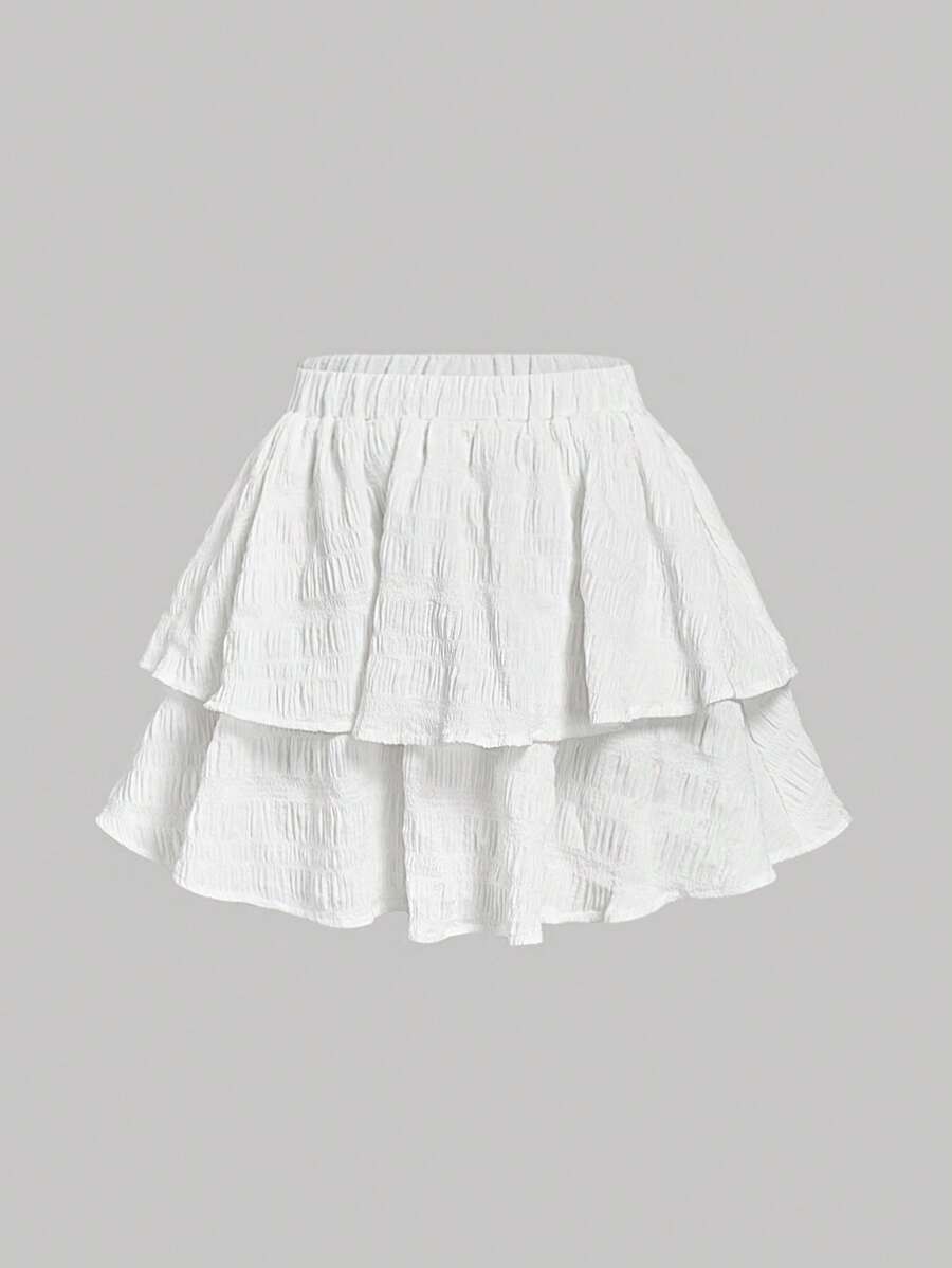 SHEIN Leap Crew Tween Girls' Casual Vacation Pure White Textured Fabric Layered Ruffle Hem Mini Skirt - White - View 1