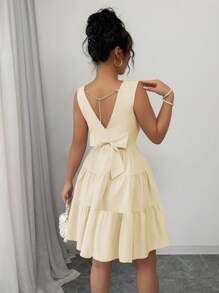 Elenzga 女士纯色蝴蝶结装饰圆领无袖连衣裙 - 杏色 - 查看 2