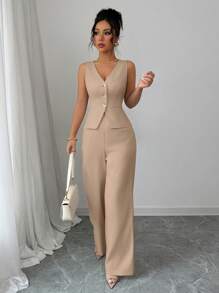 Elenzga 女士优雅无袖西装背心和西装裤套装，商务通勤风格，夏季 - 卡其色 - 查看 4