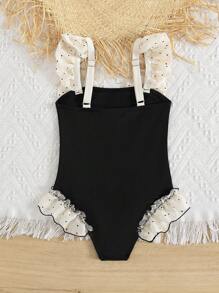 SHEIN Baju Renang Terusan Anak Perempuan Warna Hitam Polos dengan Pita dan Rumbai, Lucu untuk Pantai, Liburan Musim Panas di Resor - Hitam - View 2
