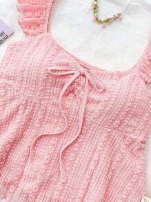 SHEIN 少女休闲家居服，蕾丝边针织弹力荷叶边下摆T恤套装/两件套，蝴蝶结，可爱甜美，少女风，适合约会、上学、日常休闲外出穿着 - 粉色 - 查看 3