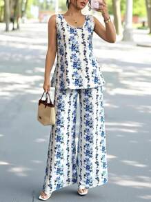 SHEIN Clasi 2pcs/Set Women Floral Print Sleeveless Top And Wide Leg Pants Loungewear Set - Blue and White - View 1