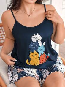 Dream Adore Plus Size Colorful Cat Print Cami & Shorts Pajama Set