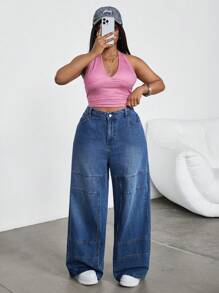 SHEIN EZwear Plus Size Blue Straight-Leg Casual Denim Jeans,Blue,Suitable For Parties, Holidays, Dates, Valentine's Day, Afternoon Tea, Summer / Summer Outfits / Summer Clothes,Year-Round,For Spring/Summer Holiday,Suitable For Summer,Blue Summer,Vacation Outfits Woman,Easter,Spring,Western,Office Outfits For Women,Rave Outfits,Baby Shower Dress,Cottagecore,Country Outfits Women, Chic,Dresses For Women Elegant,Beach Dress,Graduation Dress,Vacation Dress,Easter Dress,Sundress - Blue - View 4