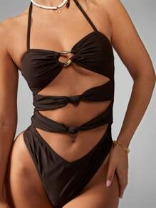 MISSGUIDED Summer Beach Monokini One Piece Swimsuit Cut Out Halter Neck High Rise Design Metal Ring Detail Ruched Coverage Elegant Bathing Suit - Coffee Brown - View 4
