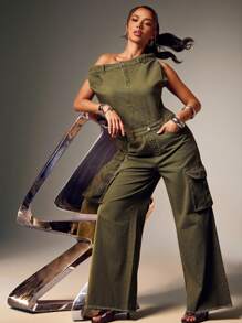 Denimoi Off Shoulder Contrast Stitch Cargo Utility Jumpsuit Denim Jumpsuit - Olive Green - View 1