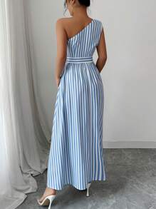 Elenzga Women 2025 Summer Asymmetric Shoulder Ruched Striped A-Line Dress - Blue and White - View 2