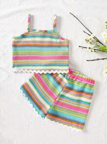 Set de 2 piezas de top corto de tirantes de punto con estampado de arcoíris y pantalones acampanados de cintura elástica para bebés niñas, adecuado para 6M-3T, para ir a la escuela, casual, calle, vacaciones, deportes, bebé niña, jersey, pantalones cortos - Multicolor - Ver 2