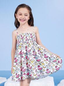 SEALOOK X SHEIN Young Girl Cartoon White Seal, Watermelon & Flower Print Summer Beach Holiday Cami Dress - Multicolor - View 1