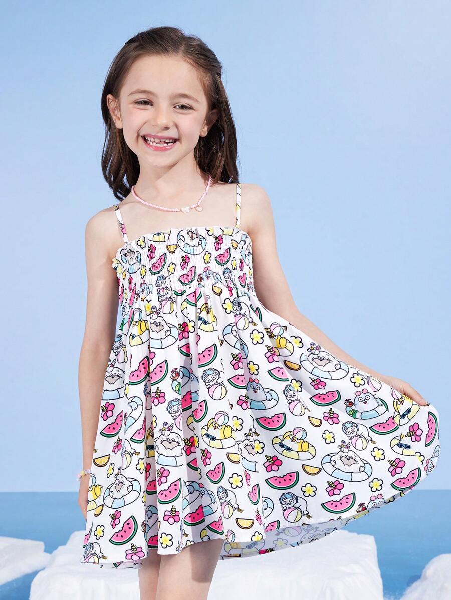 SEALOOK X SHEIN Young Girl Cartoon White Seal, Watermelon & Flower Print Summer Beach Holiday Cami Dress - Multicolor - View 1