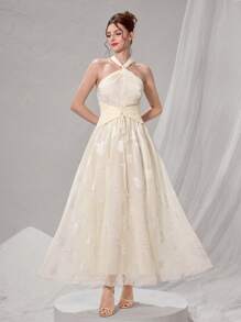 Poshira 女士花卉提花优雅露背晚礼服（装饰版）、派对礼服、舞会礼服 - 杏色 - 查看 7