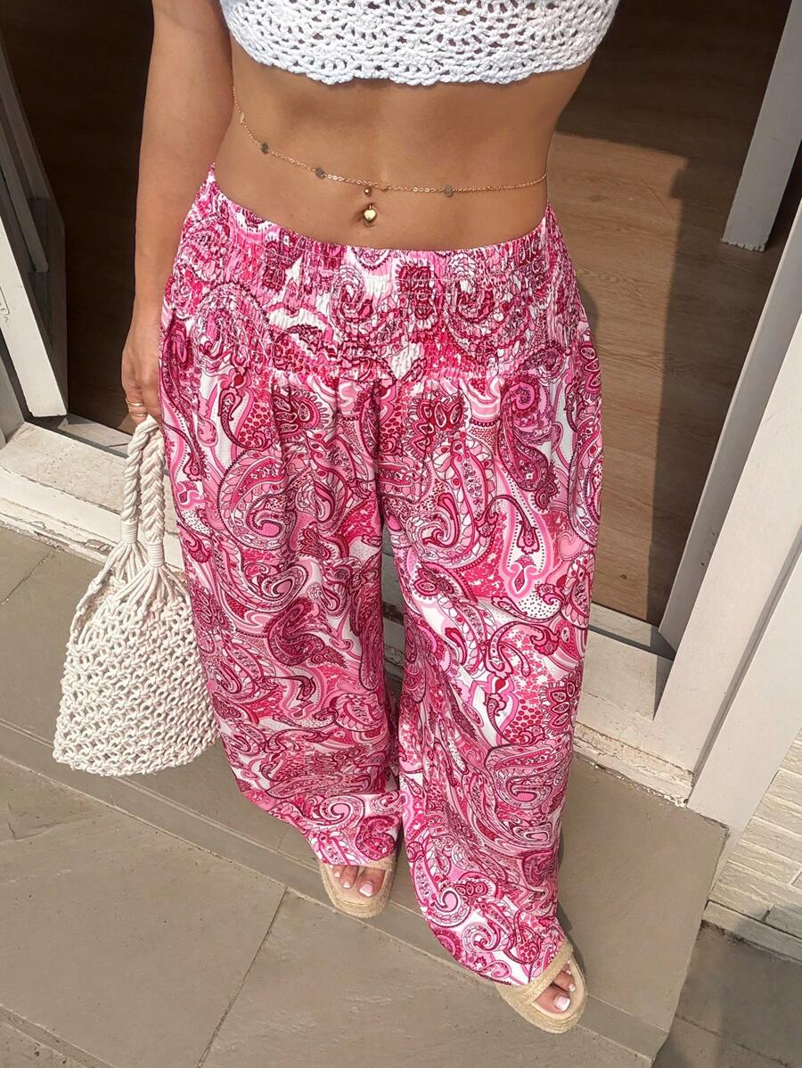 Sunnyshic Women's Casual Vacation Paisley Print Beach Pants Fall Cloth For Women - Hot Pink - View 1