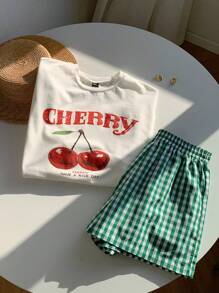 Comfortcana 全新夏季女式樱桃印花两件套日常穿搭 - 綠色 - 查看 6