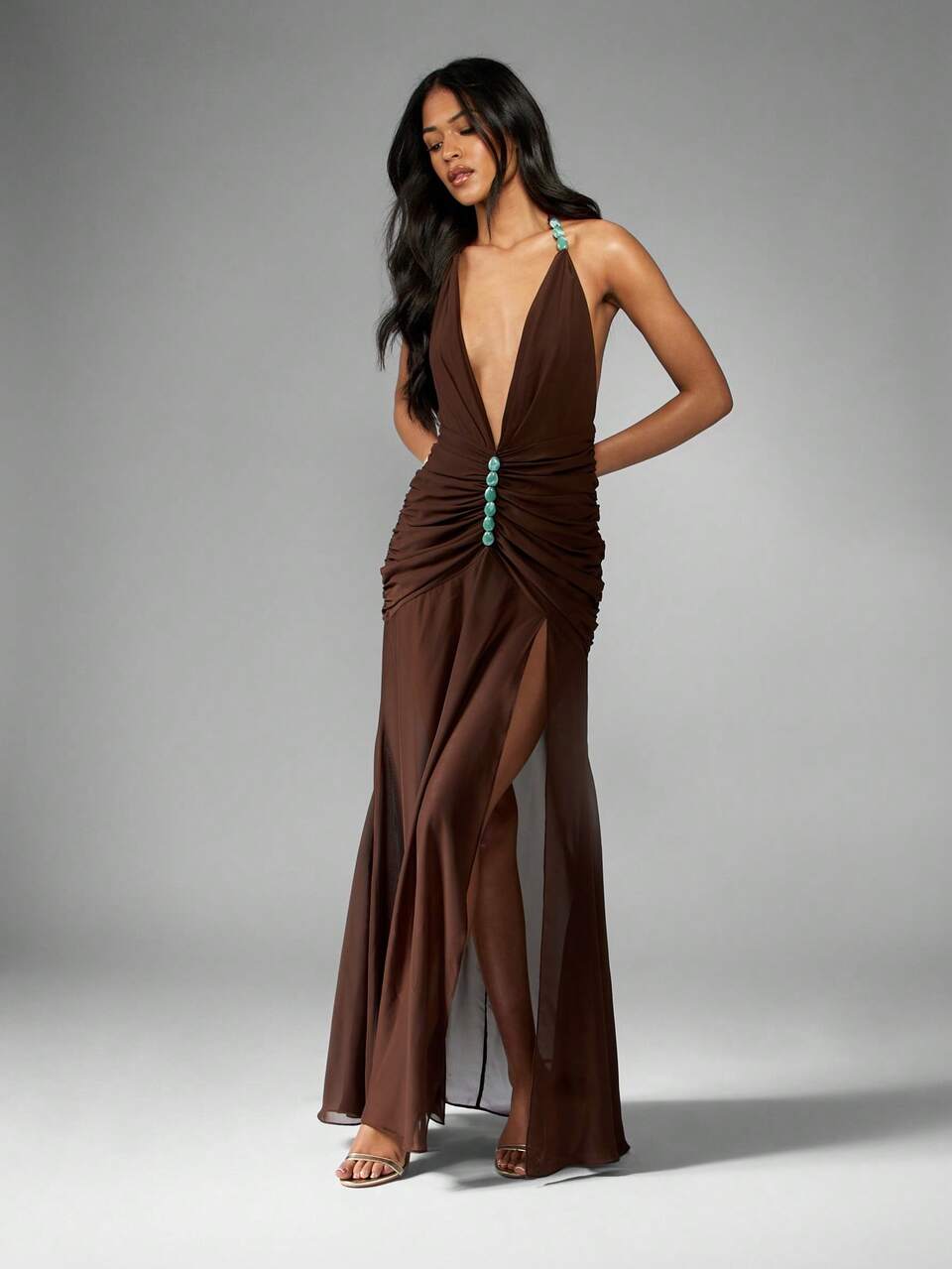 MISSGUIDED Plunge Neck Halter Evening Gown With Turquoise Stone Detail Ruched Floor Length Split Front Chiffon Maxi Dress Holiday Party Wedding Guest