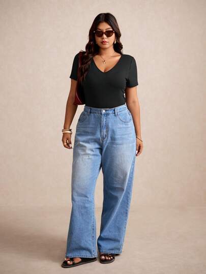 Elaquor V Neck Solid Tee All Black Short SummerTop,Business Casual Woman