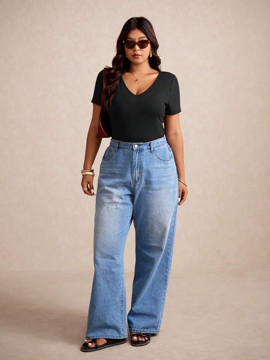 Elaquor V 领纯色 T 恤全黑短款夏季上衣 - 黑色 - 查看 1