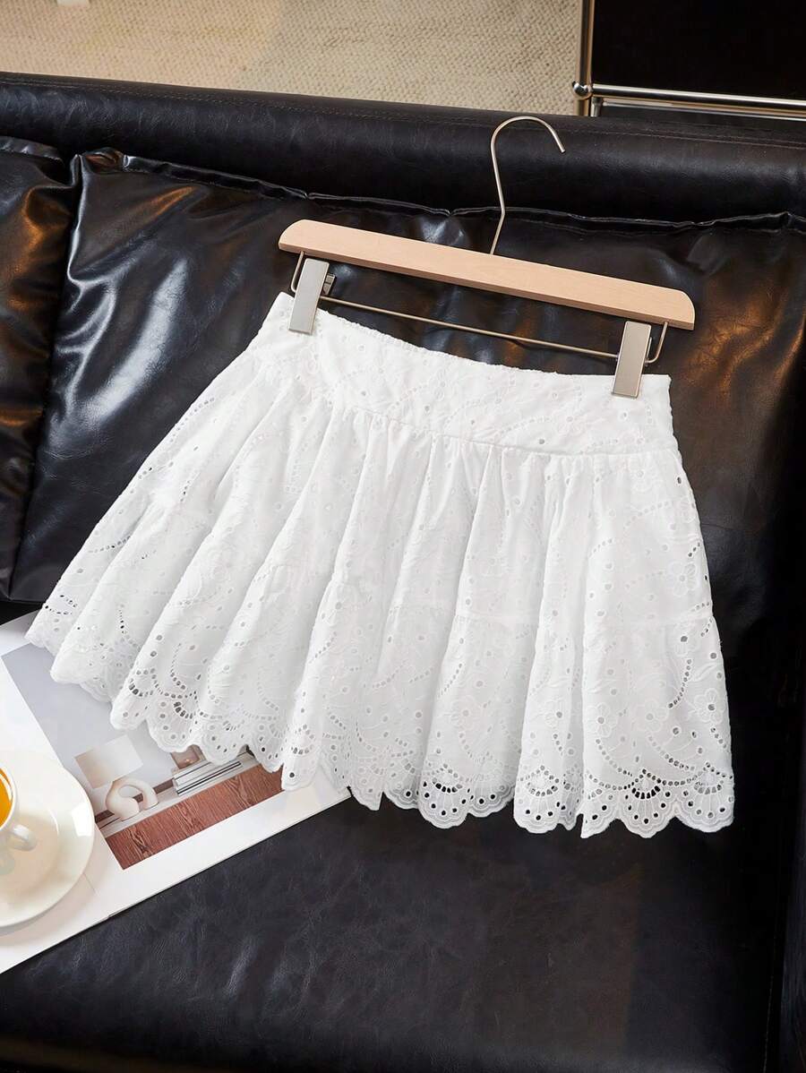 Muvela Women's White Vacation Floral Embroidery Ruffle Hem Mini Skirt, Elegant Ladies Summer Vacation, Graduation Skirt - White - View 1