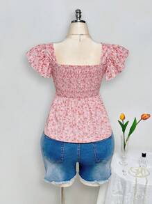 SHEIN ICON Áo Babydoll cỡ lớn có phần ngực nhún bèo, viền bèo nhún và tay áo ngắn bồng bềnh, thích hợp cho mùa hè và kỳ nghỉ - Hồng - Xem 2