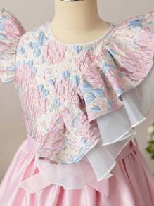 SHEIN Tween Girl Light Pink Delicate Floral Jacquard Splice Elegant Little Princess Summer Wedding Knee Length Dress,Cute Round Neck Ruffle Trim Cap Sleeve - Pink - View 9