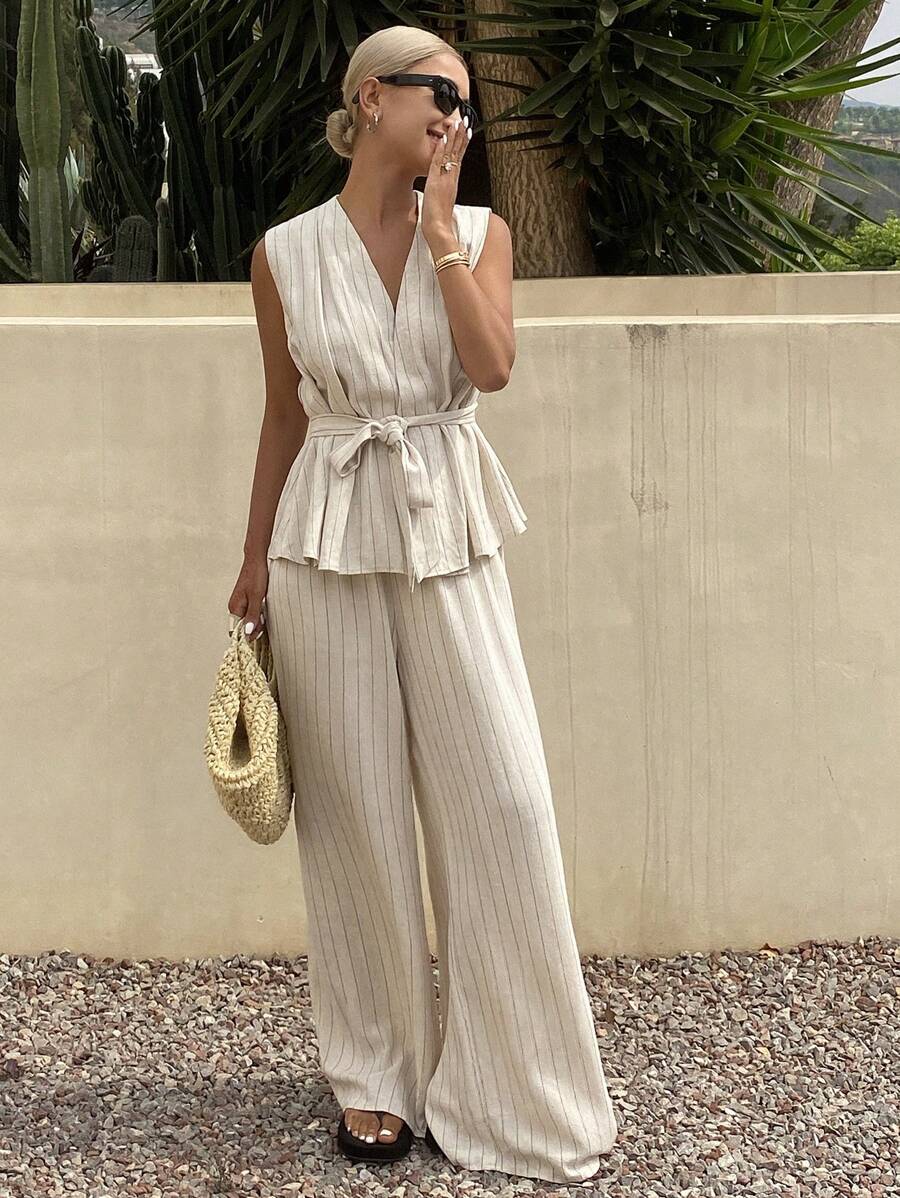 Livesso 2件套夏季新款休闲收腰女士条纹背心和阔腿裤套装亚麻