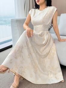 Modelyn Vestido elegante de longitud media con decoración de perlas falsas y jacquard floral para mujer - Albaricoque - Ver 5