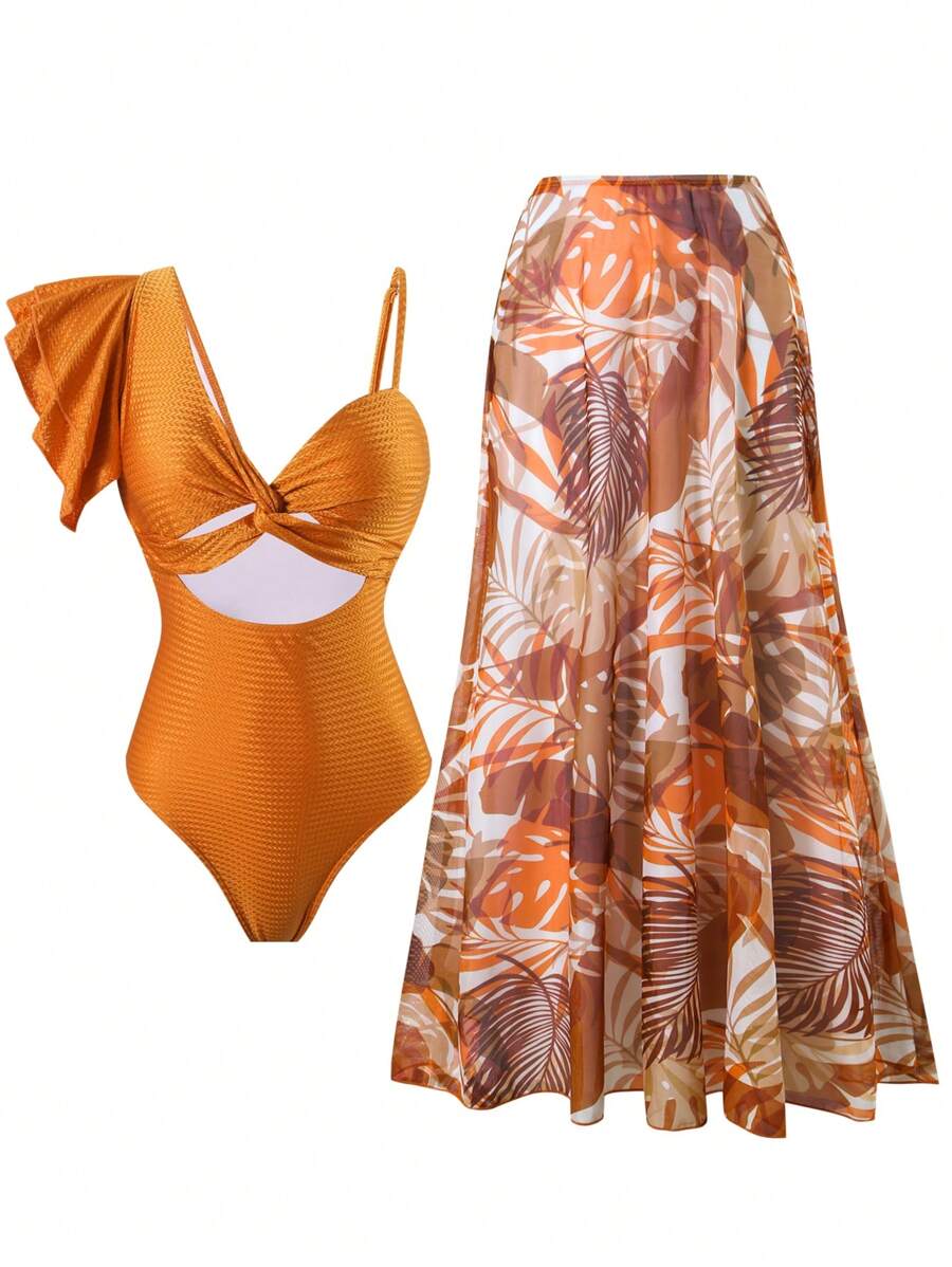 Swim Oasis Women Summer Solid Random Print Spaghetti Strap Cutout High-End One-Piece Swimsuit - Multicolor - View 1