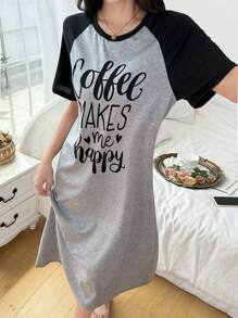 SHEIN Contrast Color Raglan Short Sleeve Women's Knit Crew Neck T-Shirt Nightgown - Black - View 7