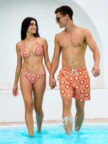 Manfinity VDAYZ Men's All-Over Print Pocket Drawstring Waist Beach Shorts, Suitable For Summer - Orange - View 6