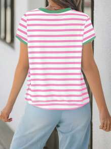 SHEIN LUNE Plus Size Casual Minimalist Pink Stripe & Green New York Print T-Shirt, Suitable For Summer - Multicolor - View 2