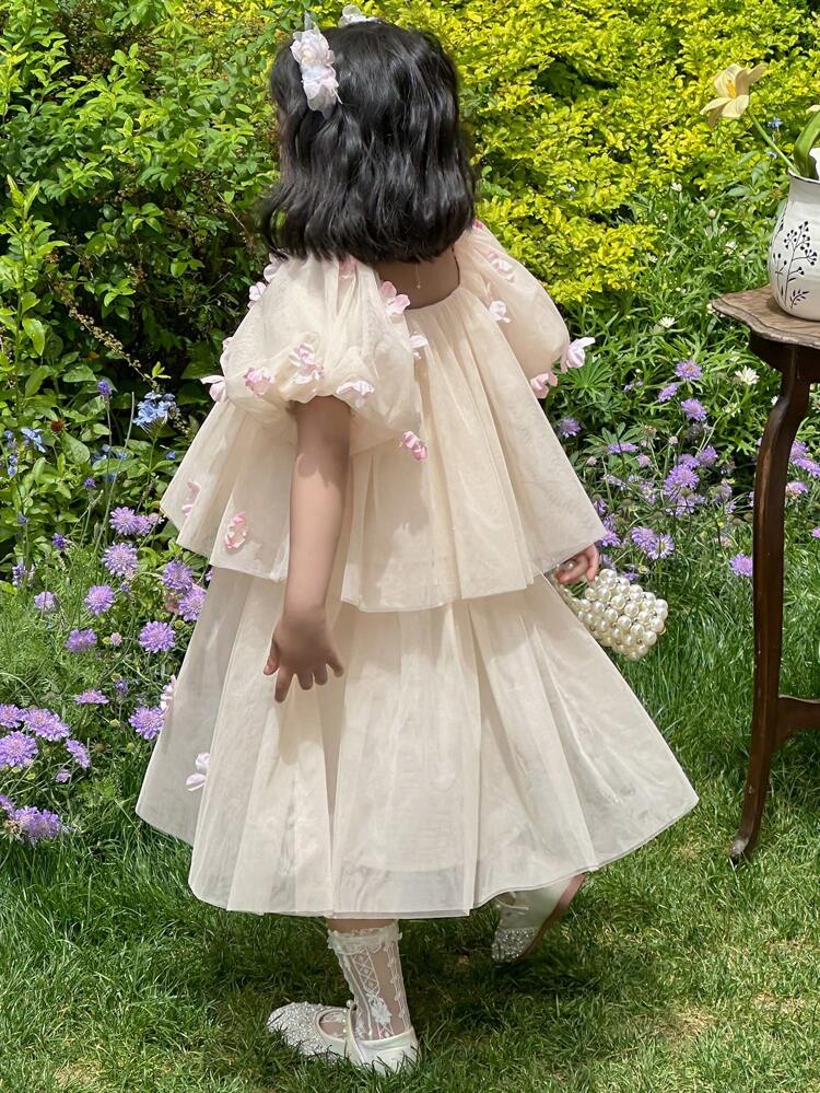 Young Girls Crew Neck Mesh Floral 3D Embroidery Sleeveless Top With Puffy Mini Skirt, Formal Dress Set,Girls Summer Outfits Easter