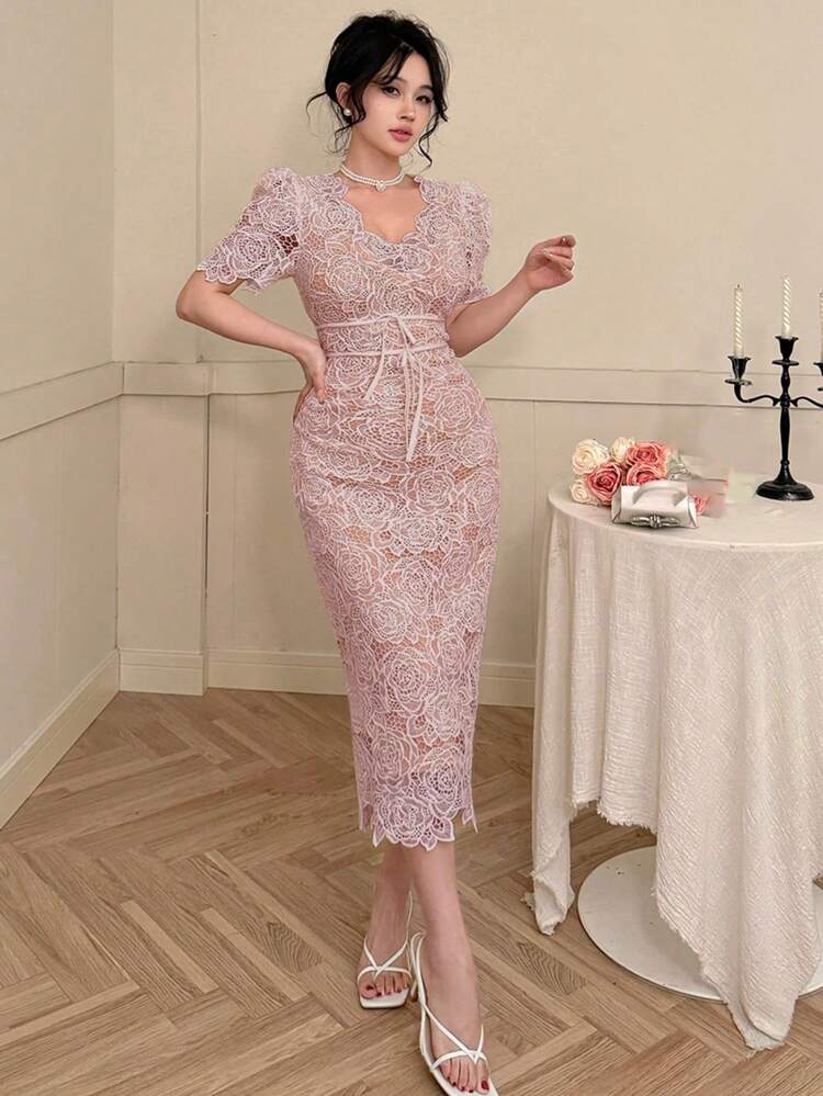 Women's Solid Color V-Neck Short Sleeve Long Lace Dress, Formal Women Dresses Luxury Prom Dress