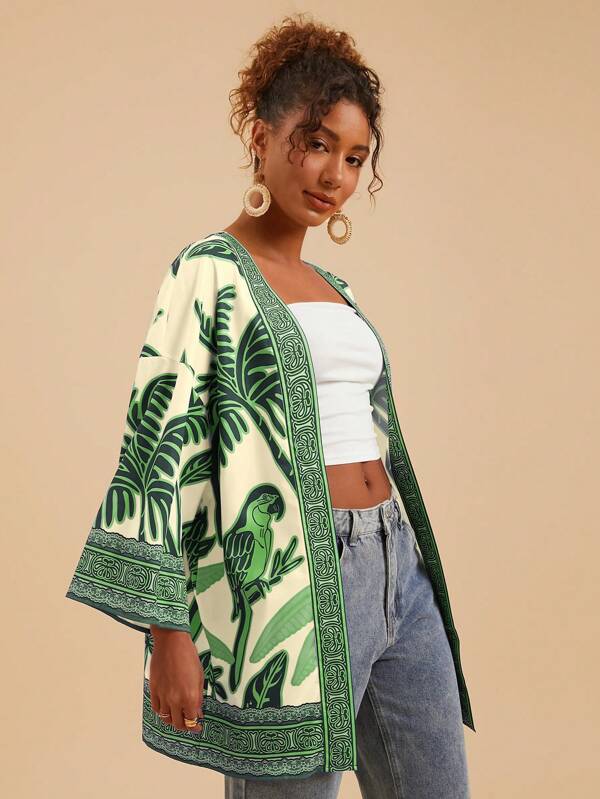 Travachic Printed Loose Fit Long Sleeve Women's Kimono Cover Up,Summer,Beachwear,Spring And Summer,Easter,Beach,Spring Break,Vacation Women,Concert,BOHO,Bohemia,Music Festival,Tropical Vacation,4th Of July,Holiday