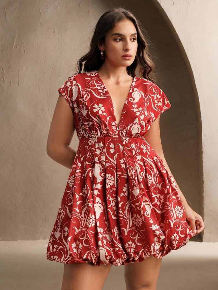 Plus Size Women Elegant Floral Print Halter Mini Dress, Summer