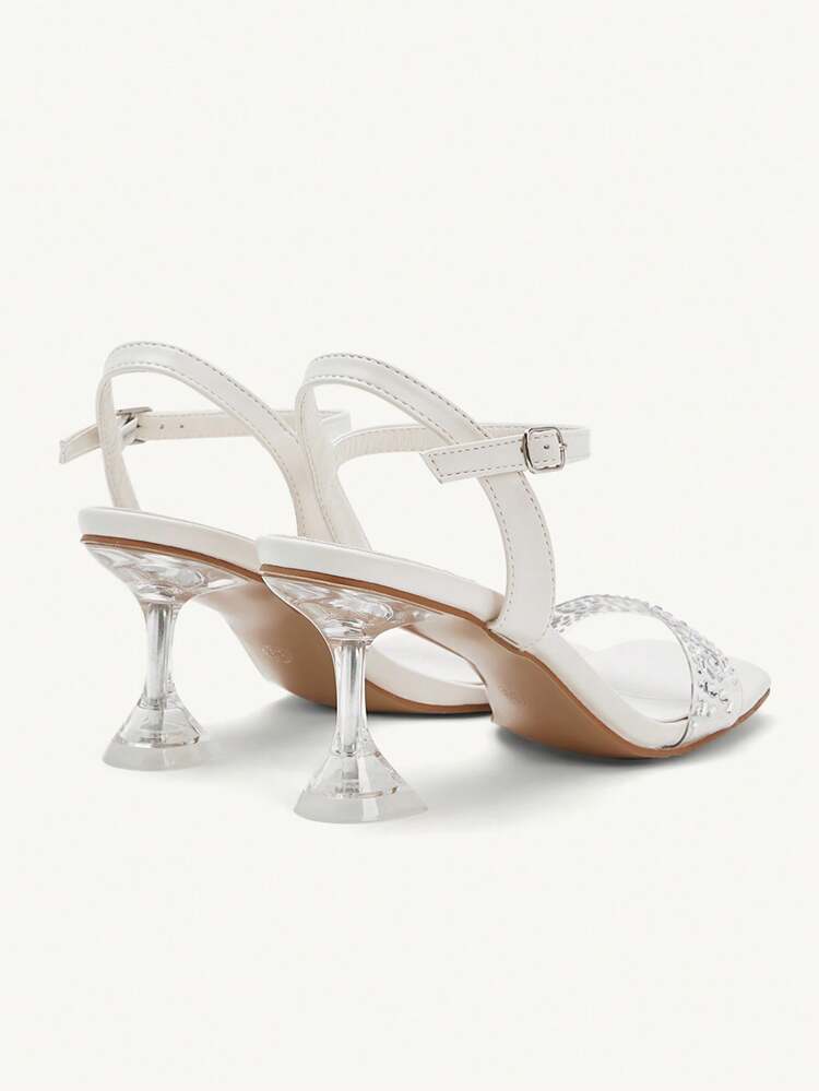 CUCCOO CHICEST Square Toe Beige Embellished Glass Rhinestone Dress Sandals For Women, Party/Wedding Transparent High Heel