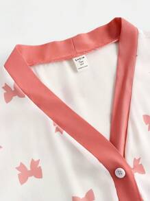 2 Stücke Set für Teenager Mädchen mit niedlicher Schleife, V-Ausschnitt Kurzarm T-Shirt mit Tasche und gerade geschnittener Hose als Loungewear Schlafanzug