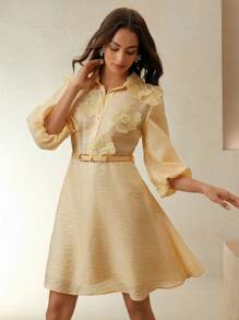 Women's Floral Decor Half Placket Short Dress, Elegant And Casual - Yellow - View 5