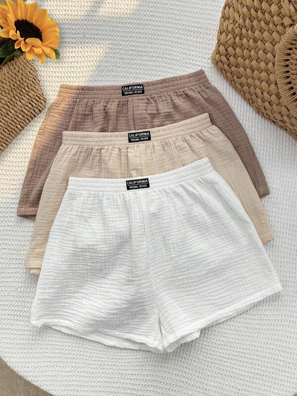 SHEIN Conjunto de 3 piezas de pantalones cortos de verano versátiles de unicolor para adolescentes, con parche en la cintura
