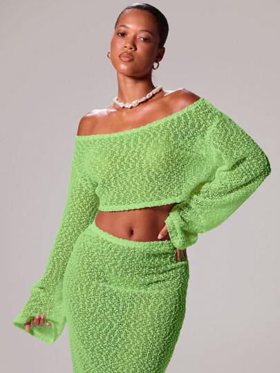 Musera Resort 斜领纹理针织宽长袖露脐上衣，仅限伊比沙岛性感度假春夏沙滩装浪漫优雅生日装