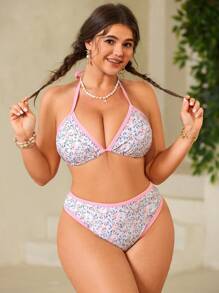 Swim Mod Plus Size Women's Sexy Printed High Waist Halter Neck 2 Pieces Bikini Set Set For Beach & Pool