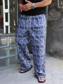 Manfinity Homme Pantalon décontracté ample à jambes droites avec taille à cordon pour hommes, à carreaux, gris-bleu, bleu clair, automne, streetwear, polyvalent pour escapade urbaine, vacances et rave - Bleu gris - Voir 5