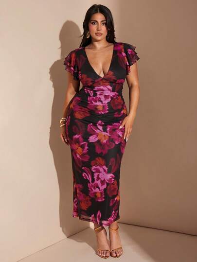SHEIN BAE Plus Size Women Elegant Large Floral Mesh Print Bodycon V-Neck Dress, Long Length, Fitted, Arm Flattering, Suitable For Daily, Outing, Date, Afternoon Tea, Vacation, Spring/Summer, Back To School Season Dresses For Women Elegant Women Formal,Birthday Dresses For Women,Elegant Dresses For Party