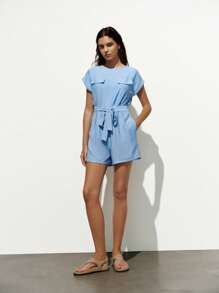 Lumivelle 女士亚麻混纺蝴蝶结裹身阔腿连体裤 - 藍色 - 查看 1