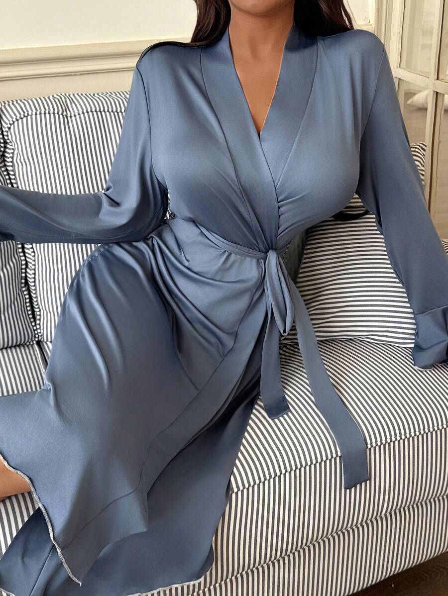 女士休闲喇叭袖睡袍家居服，舒适保暖，秋冬款 - 霧霾藍 - 查看 1