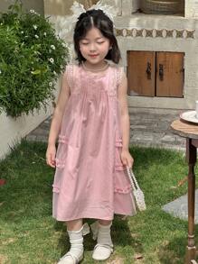 DAZY 年轻女孩圆领网眼蕾丝拼接无袖可爱韩版连衣裙，女孩夏季服装 - 黃色 - 查看 1