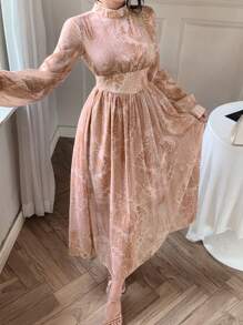 DAZY 女式优雅花卉印花高领长袖中长连衣裙，秋季 - 杏色 - 查看 1