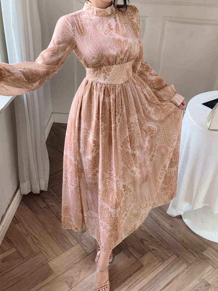 Elegant Floral Print High Neck Long Sleeve Mid-Length Dress For Women, Fall
