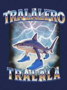 Men's Regular Fit Tralalero Tralala Gen Alpha Shark Meme Graphic T-Shirt, Casual American Minimal Style Short Sleeve Round Neck Tee With English Text And Print - Navy Blue - View 3