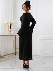 Robe droite à manches longues et col rond de couleur unie pour femmes - Noir - Voir 2