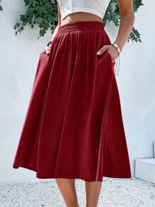 Breezaya Simple Solid Color Casual Vacation Skirt, Summer - Burgundy - View 6